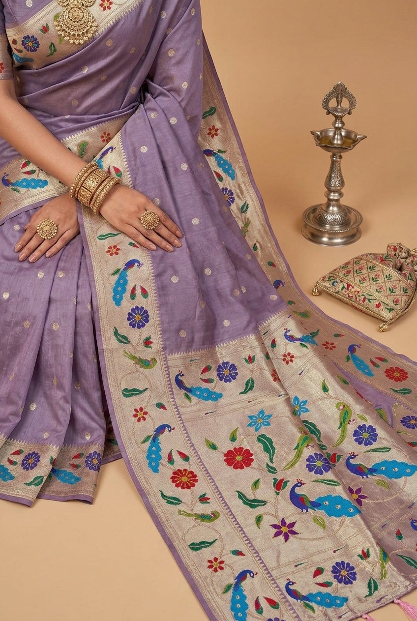 OWLSKY, SASSY & STYLO Women's Paithani Silk Saree with Zari Motif Design| Meenakari Rich Pallu with Tessels Attched | Peacock Floral Border | Traditional Festive Saree with Silk Blouse Piece