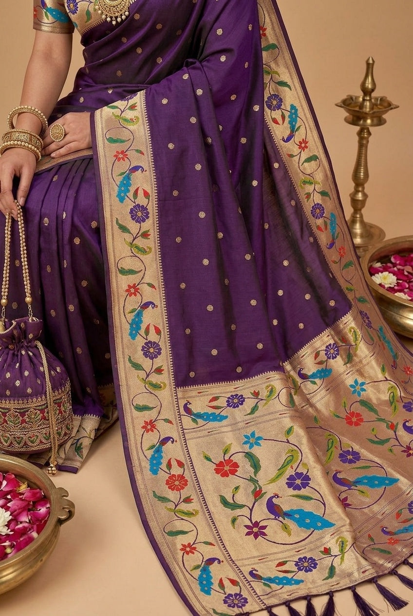 OWLSKY, SASSY & STYLO Women's Paithani Silk Saree with Zari Motif Design| Meenakari Rich Pallu with Tessels Attched | Peacock Floral Border | Traditional Festive Saree with Silk Blouse Piece