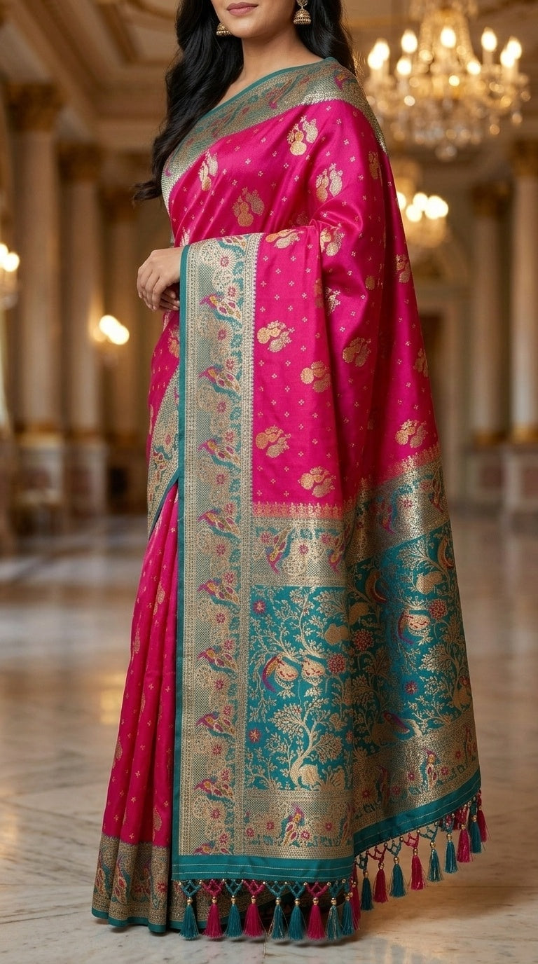 Premium Soft Paithani Silk Saree for Women with Meenakari Zari Weaving, Peacock Pallu, Rich Floral Border & Brocade Blouse