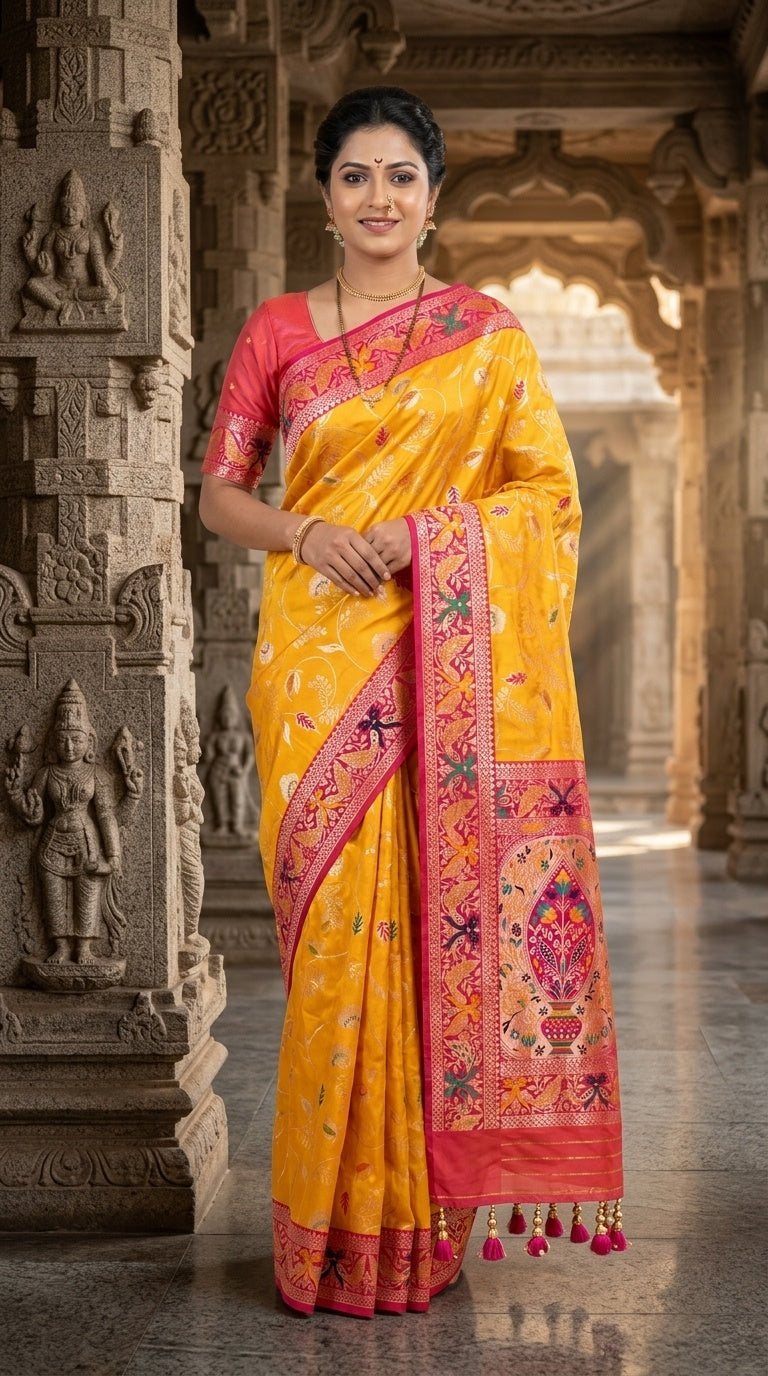 PREMIUM Soft Paithani Silk Saree for Women with Meenakari Zari Weaving, Rich Peacock Pallu, Floral Border & Tassels with Brocade Blouse
