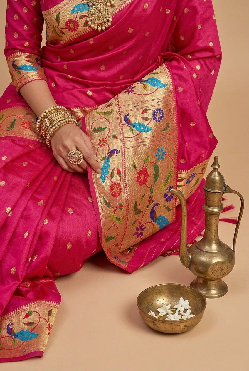 OWLSKY, SASSY & STYLO Women's Paithani Silk Saree with Zari Motif Design| Meenakari Rich Pallu with Tessels Attched | Peacock Floral Border | Traditional Festive Saree with Silk Blouse Piece