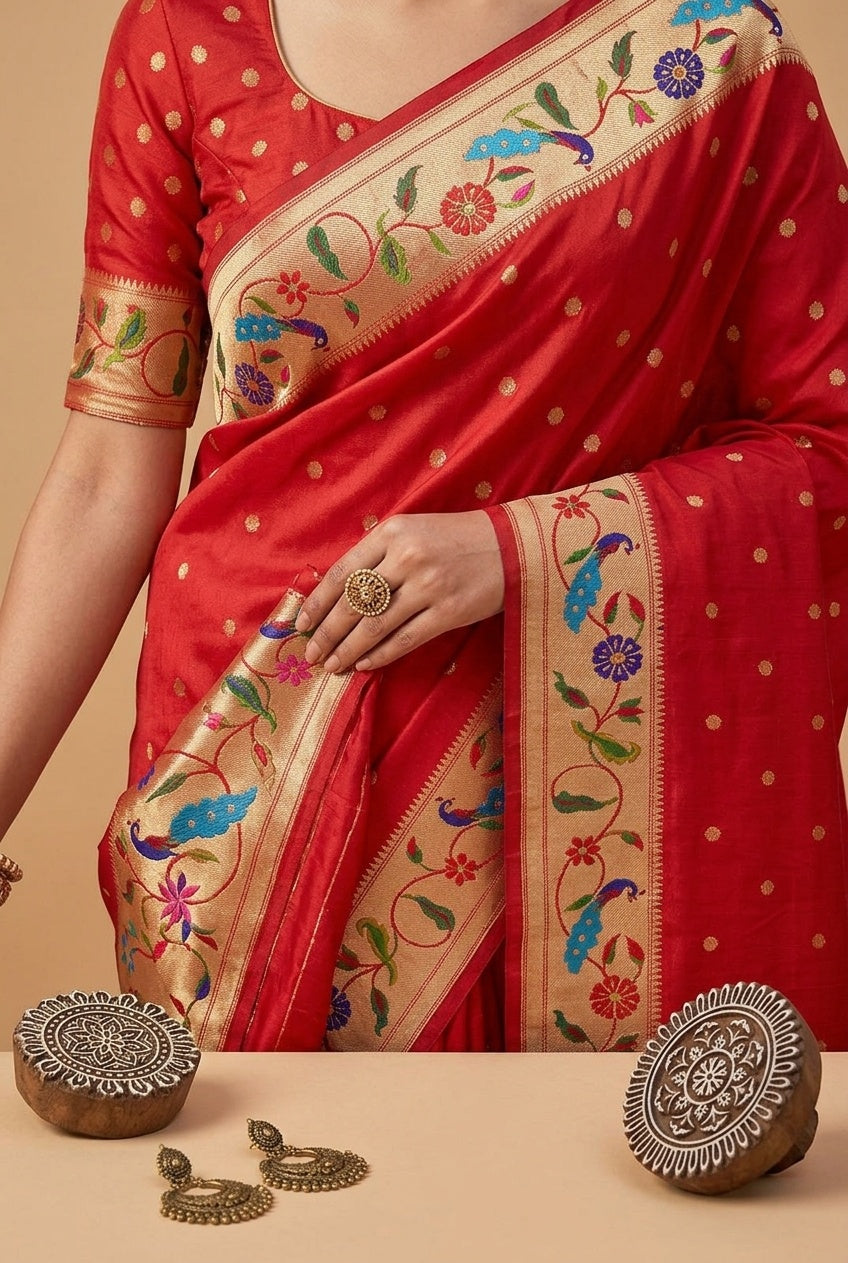 OWLSKY, SASSY & STYLO Women's Paithani Silk Saree with Zari Motif Design| Meenakari Rich Pallu with Tessels Attched | Peacock Floral Border | Traditional Festive Saree with Silk Blouse Piece