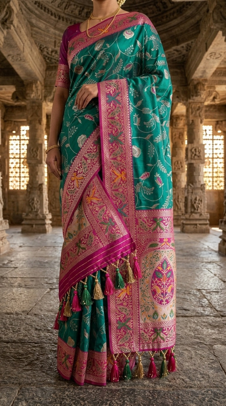 PREMIUM Soft Paithani Silk Saree for Women with Meenakari Zari Weaving, Rich Peacock Pallu, Floral Border & Tassels with Brocade Blouse
