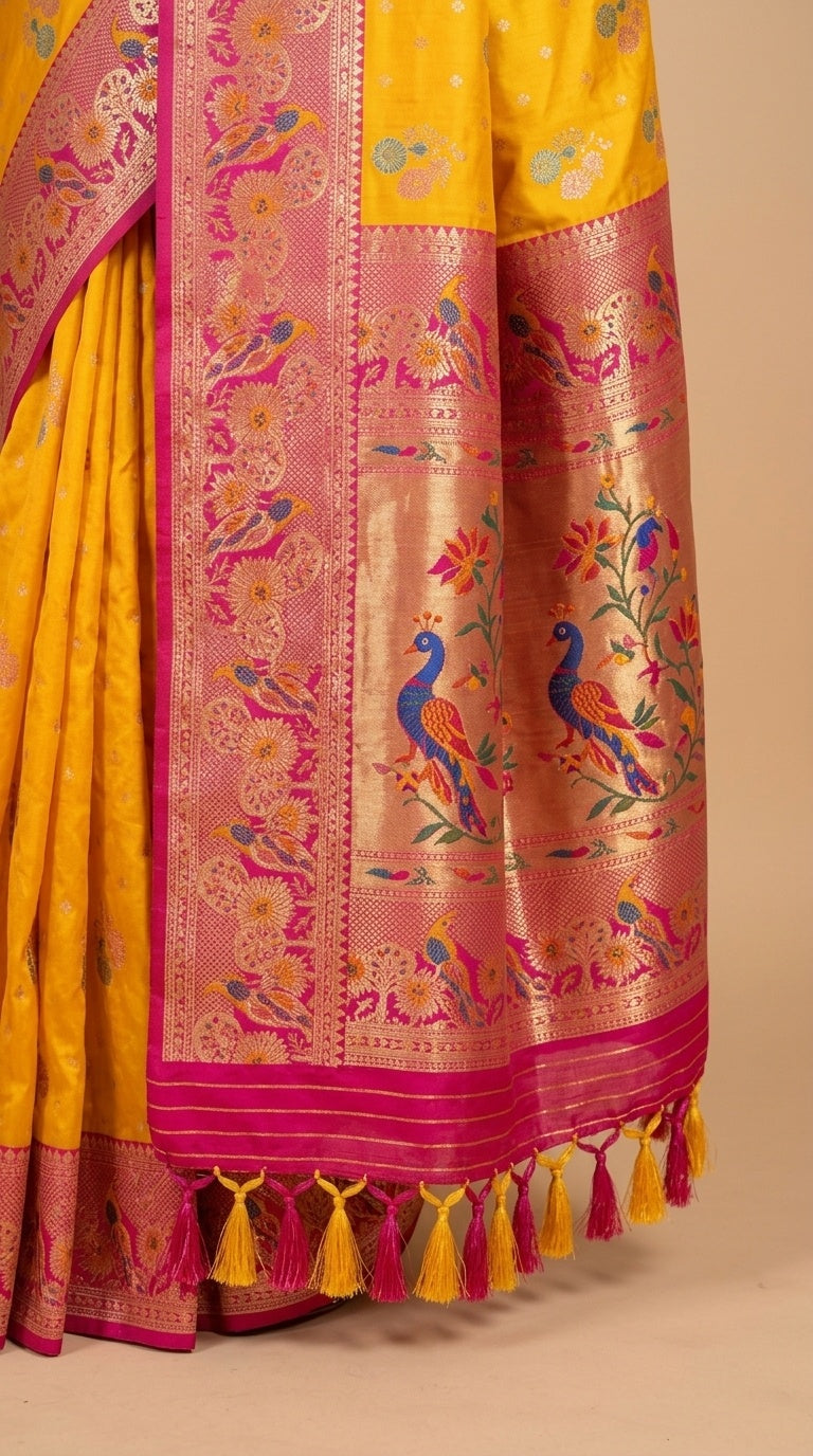 Premium Soft Paithani Silk Saree for Women with Meenakari Zari Weaving, Peacock Pallu, Rich Floral Border & Brocade Blouse