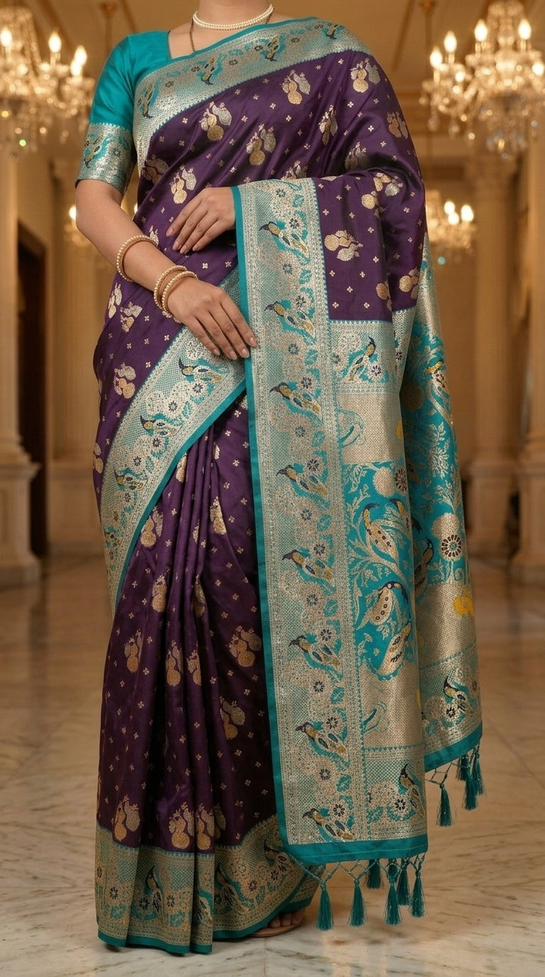 Premium Soft Paithani Silk Saree for Women with Meenakari Zari Weaving, Peacock Pallu, Rich Floral Border & Brocade Blouse