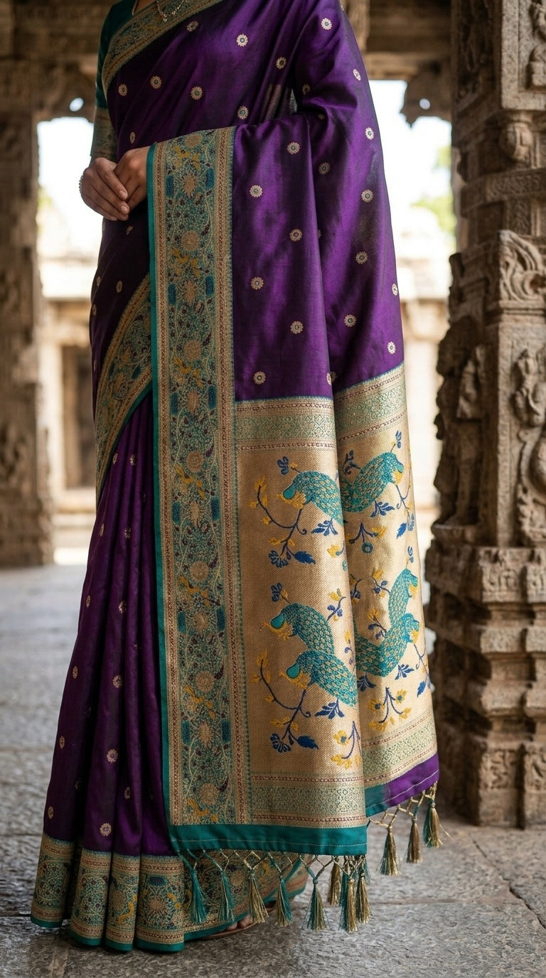 Premium Soft Paithani Silk Saree for Women with Meenakari Zari Weaving, Rich Peacock Pallu, Floral Border & Silk Brocade Blouse