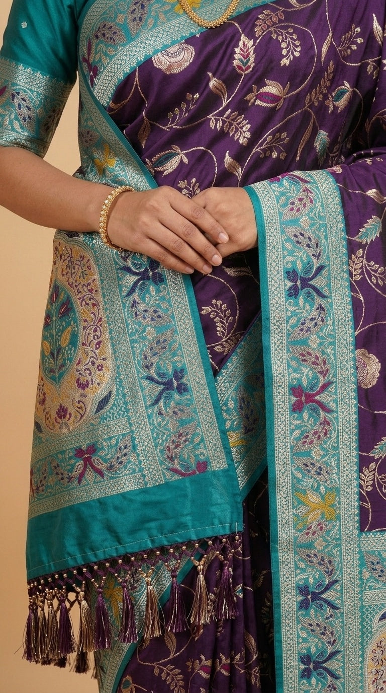 PREMIUM Soft Paithani Silk Saree for Women with Meenakari Zari Weaving, Rich Peacock Pallu, Floral Border & Tassels with Brocade Blouse