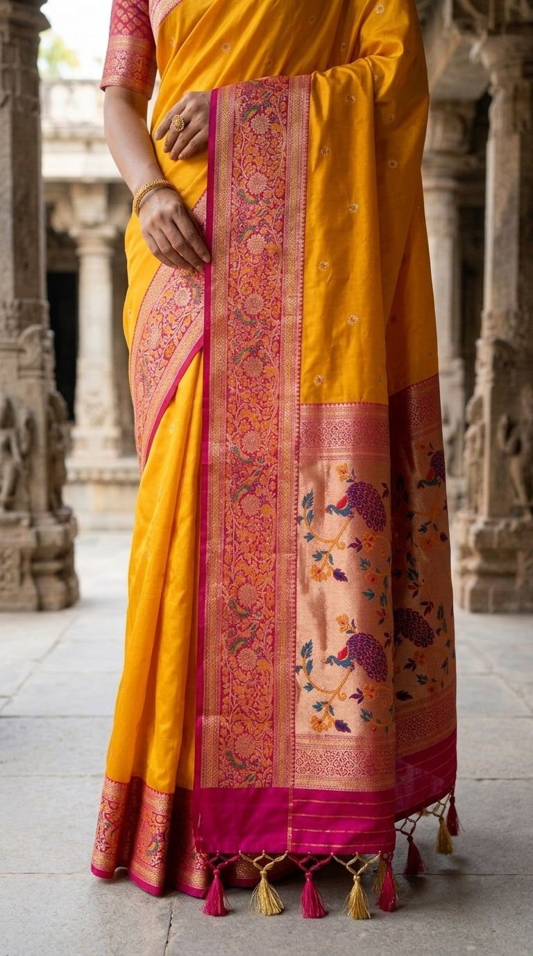 Premium Soft Paithani Silk Saree for Women with Meenakari Zari Weaving, Rich Peacock Pallu, Floral Border & Silk Brocade Blouse