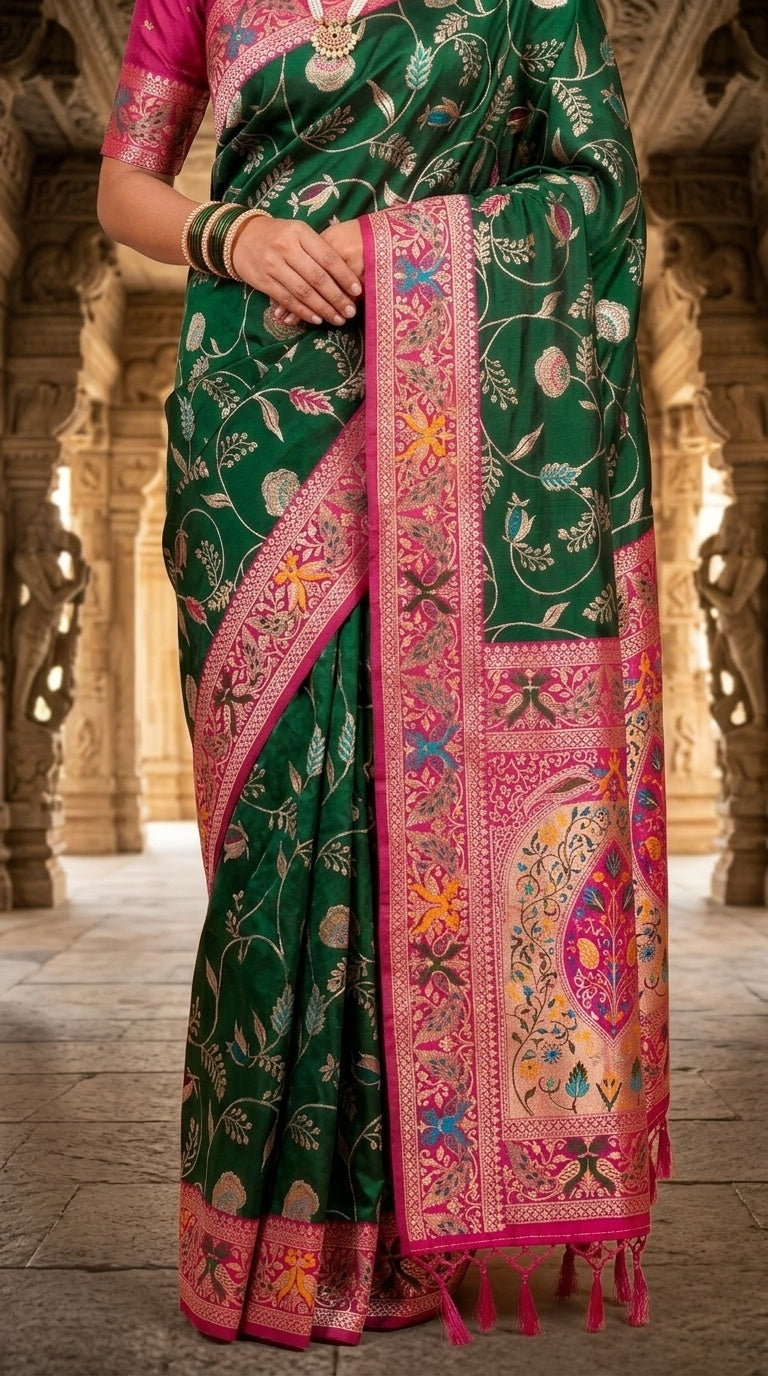 PREMIUM Soft Paithani Silk Saree for Women with Meenakari Zari Weaving, Rich Peacock Pallu, Floral Border & Tassels with Brocade Blouse