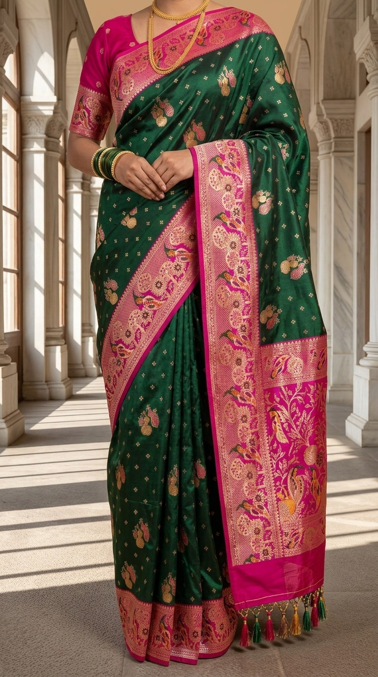 Premium Soft Paithani Silk Saree for Women with Meenakari Zari Weaving, Peacock Pallu, Rich Floral Border & Brocade Blouse