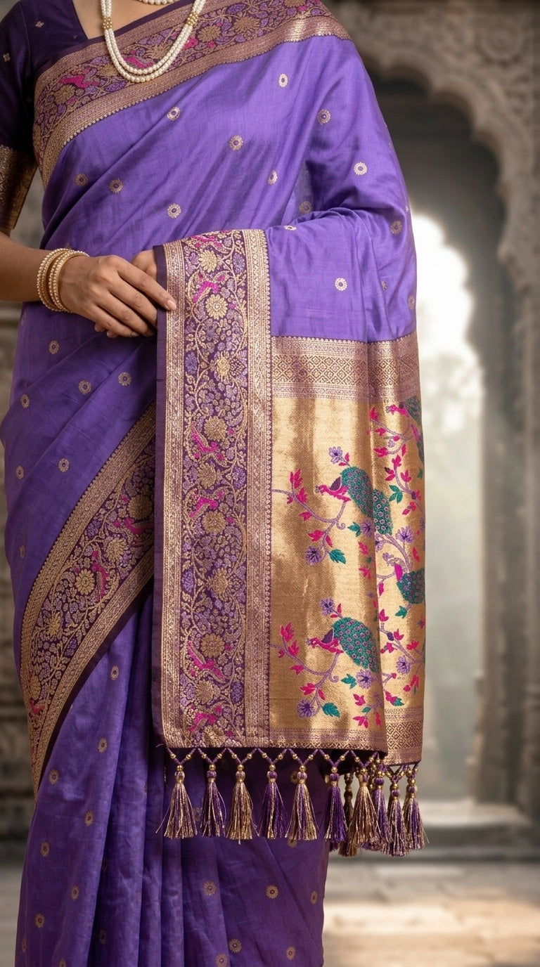 Premium Soft Paithani Silk Saree for Women with Meenakari Zari Weaving, Rich Peacock Pallu, Floral Border & Silk Brocade Blouse
