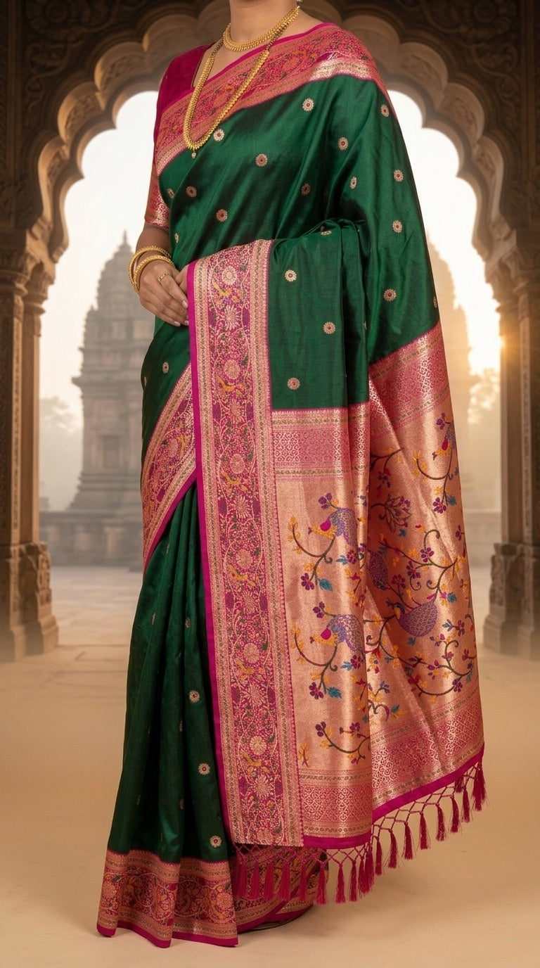 Premium Soft Paithani Silk Saree for Women with Meenakari Zari Weaving, Rich Peacock Pallu, Floral Border & Silk Brocade Blouse