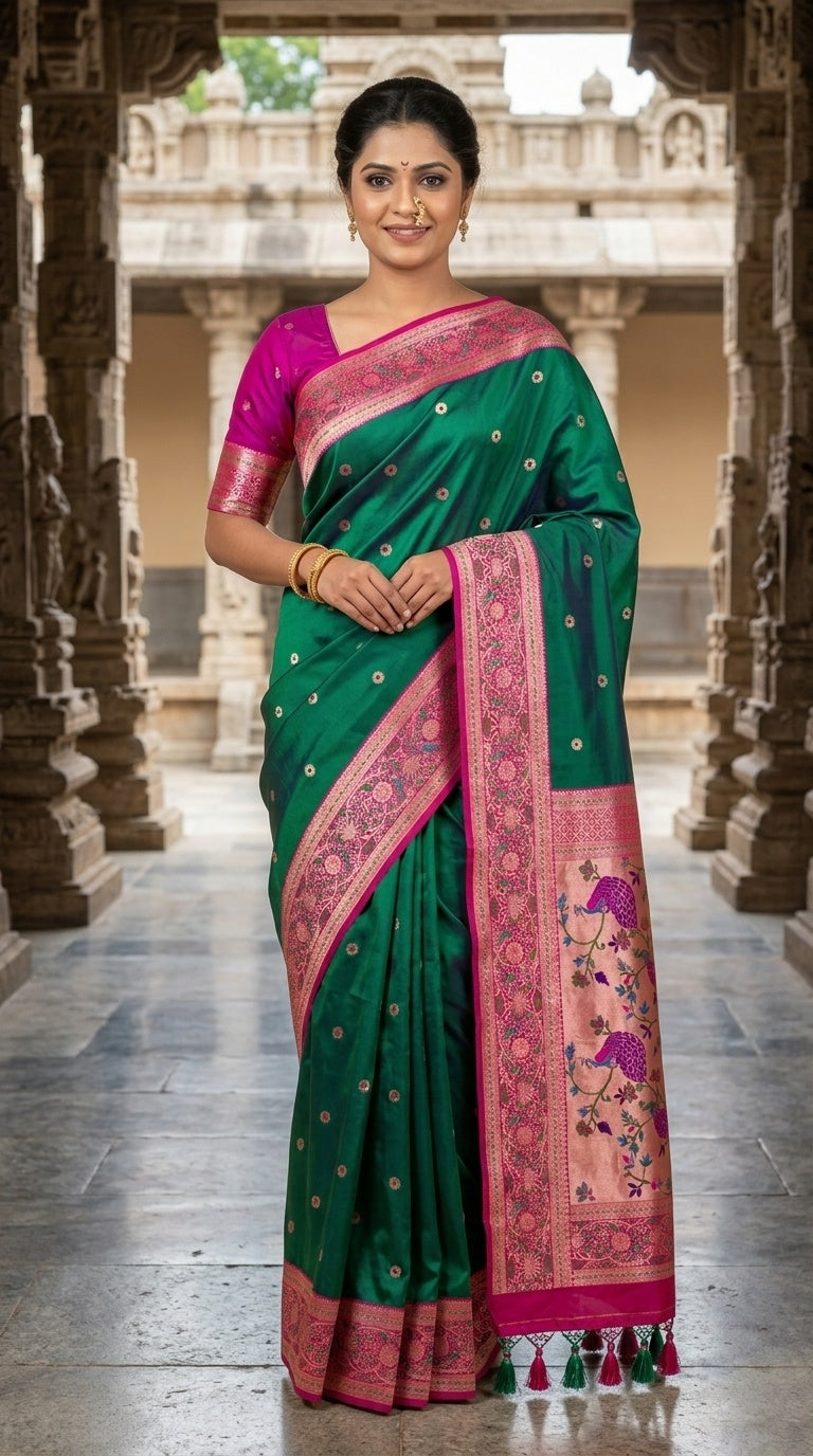 Premium Soft Paithani Silk Saree for Women with Meenakari Zari Weaving, Rich Peacock Pallu, Floral Border & Silk Brocade Blouse