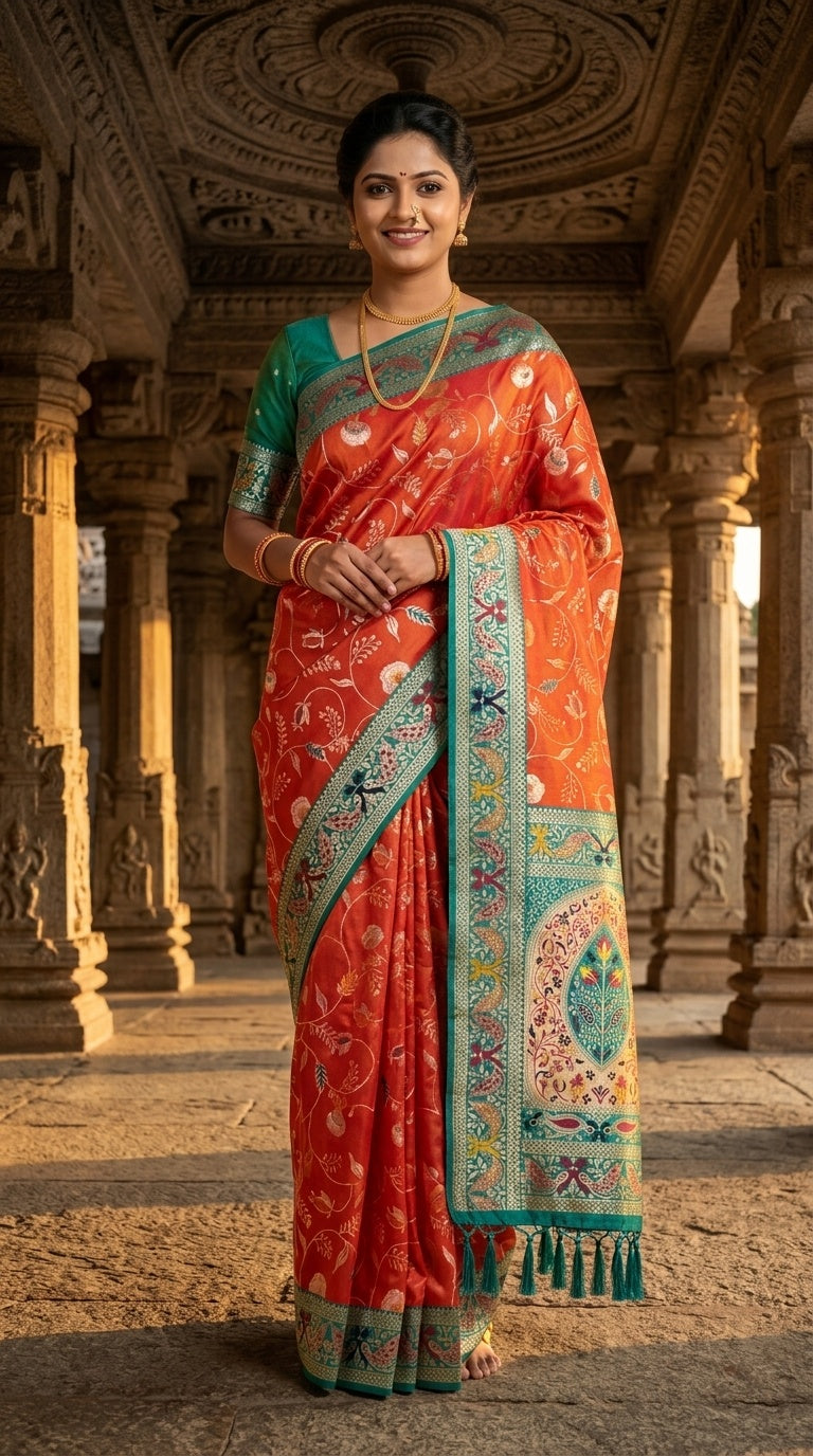 PREMIUM Soft Paithani Silk Saree for Women with Meenakari Zari Weaving, Rich Peacock Pallu, Floral Border & Tassels with Brocade Blouse