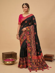 OWLSKY, SASSY & STYLO Women's Pure Rajwadi Pashmina Silk Woven Saree with Kashmiri Thread Woven Pallu | Heavy Zari Elephant Border, Running Butti, Handmade Tassels | Contrast Unstitched Blouse