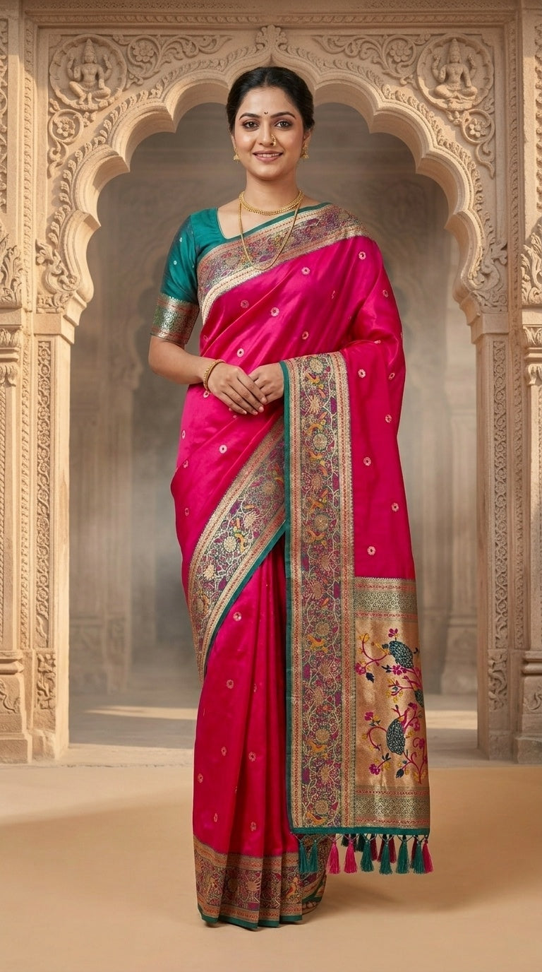 Premium Soft Paithani Silk Saree for Women with Meenakari Zari Weaving, Rich Peacock Pallu, Floral Border & Silk Brocade Blouse