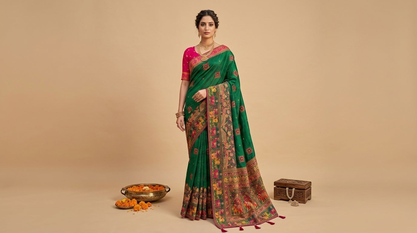 OWLSKY, SASSY & STYLO Women's Pure Rajwadi Pashmina Silk Woven Saree with Kashmiri Thread Woven Pallu | Heavy Zari Elephant Border, Running Butti, Handmade Tassels | Contrast Unstitched Blouse