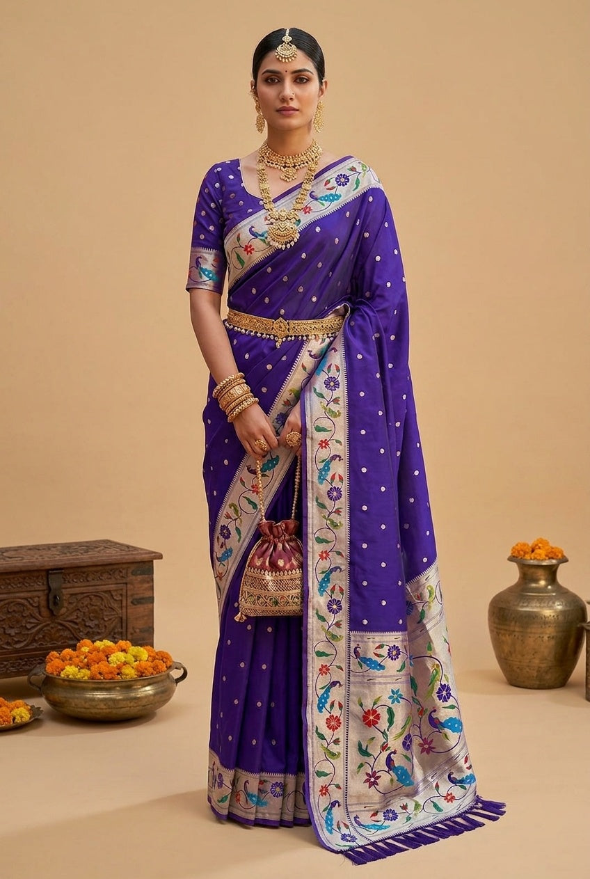 OWLSKY, SASSY & STYLO Women's Paithani Silk Saree with Zari Motif Design| Meenakari Rich Pallu with Tessels Attched | Peacock Floral Border | Traditional Festive Saree with Silk Blouse Piece