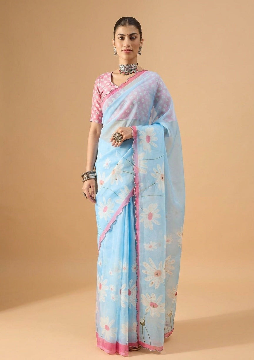 OWLSKY, SASSY & STYLO Women's Premium Soft Organza Floral Printed Saree with Scallop Border | Lightweight Organza Saree with Unstitched Blouse Piece