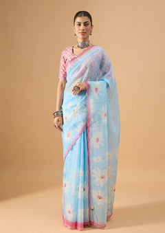 OWLSKY, SASSY & STYLO Women's Premium Soft Organza Floral Printed Saree with Scallop Border | Lightweight Organza Saree with Unstitched Blouse Piece