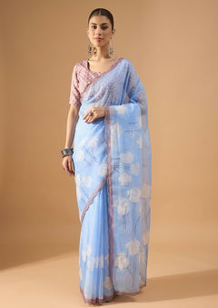 OWLSKY, SASSY & STYLO Women's Premium Soft Organza Floral Printed Saree with Scallop Border | Lightweight Organza Saree with Unstitched Blouse Piece