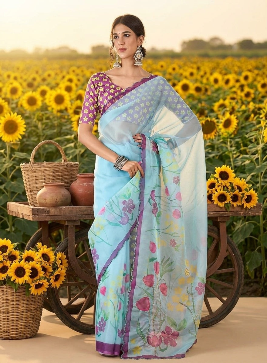 OWLSKY, SASSY & STYLO Women's Premium Soft Organza Floral Printed Saree with Scallop Border | Lightweight Organza Saree with Unstitched Blouse Piece