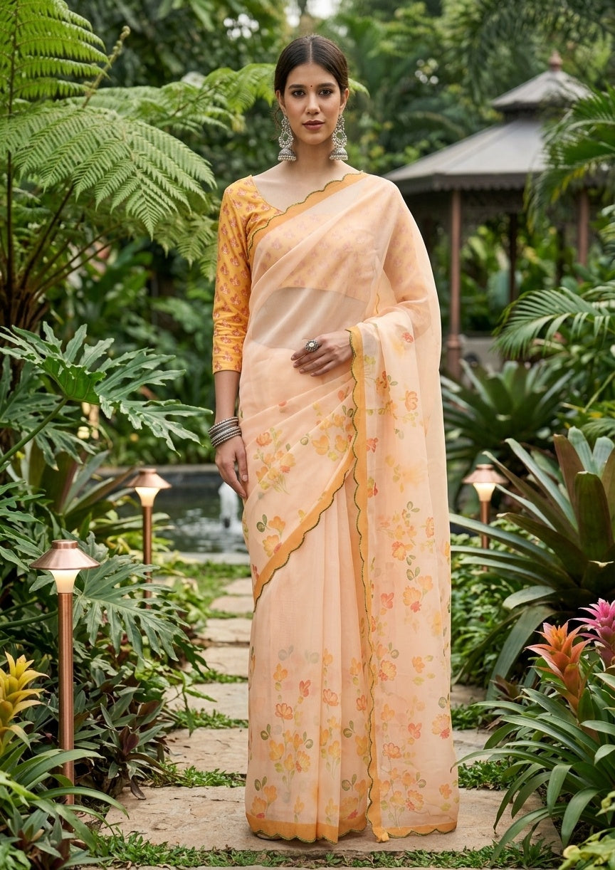 OWLSKY, SASSY & STYLO Women's Premium Soft Organza Floral Printed Saree with Scallop Border | Lightweight Organza Saree with Unstitched Blouse Piece