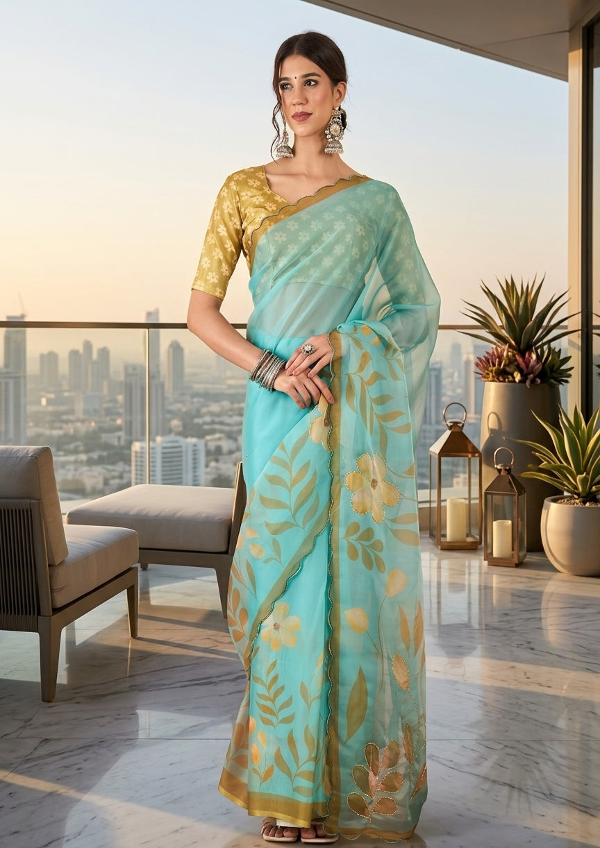 OWLSKY, SASSY & STYLO Women's Premium Soft Organza Floral Printed Saree with Scallop Border | Lightweight Organza Saree with Unstitched Blouse Piece