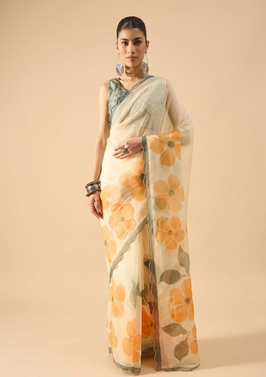 OWLSKY, SASSY & STYLO Women's Premium Soft Organza Floral Printed Saree with Scallop Border | Lightweight Organza Saree with Unstitched Blouse Piece