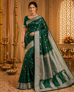OWLSKY, SASSY & STYLO Women's Handloom Pure Banarasi Silk Saree with Jacquard Woven Floral/Paisley Butti with Rich Contrast Zari Border & Grand Rich Designer Woven Pallu
