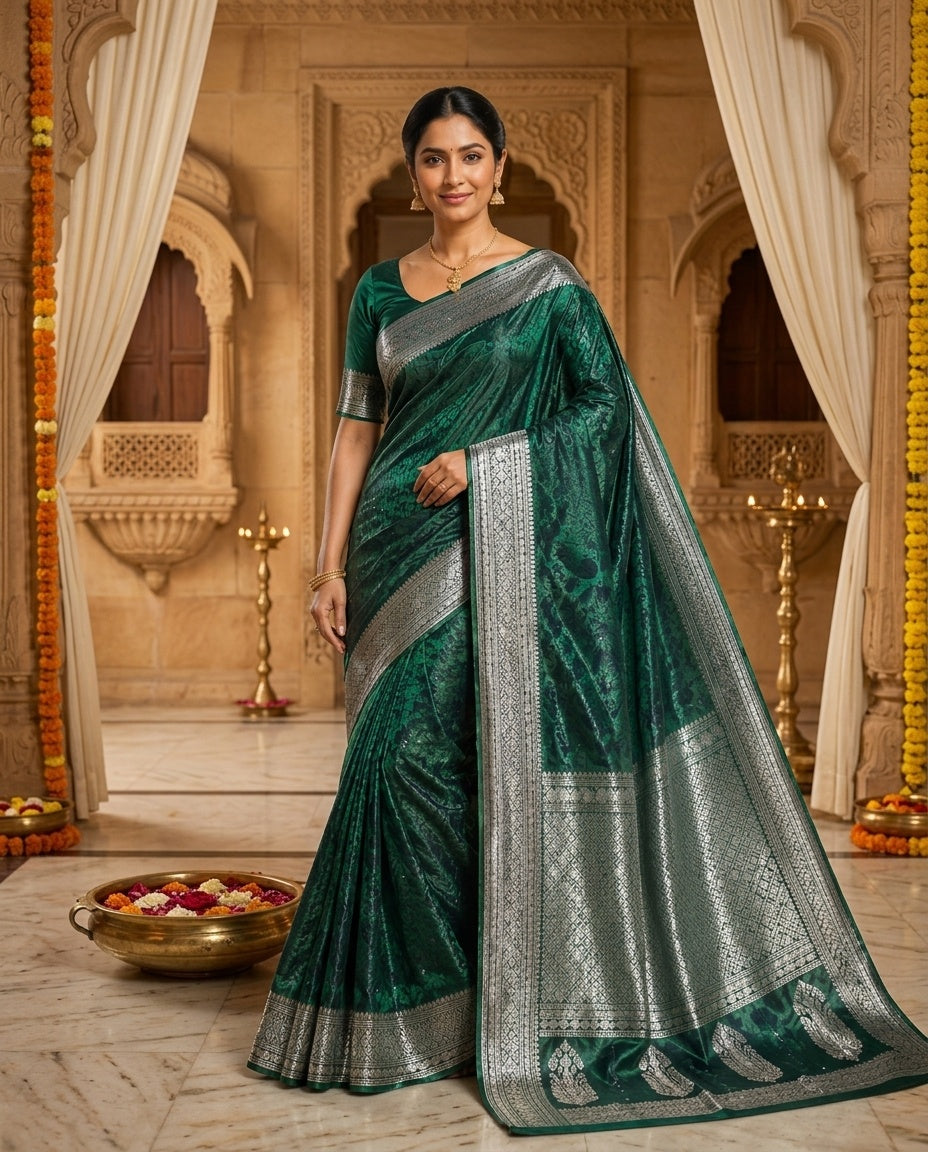 OWLSKY, SASSY & STYLO Women's Handloom Pure Banarasi Silk Saree with Jacquard Woven Floral/Paisley Butti with Rich Contrast Zari Border & Grand Rich Designer Woven Pallu