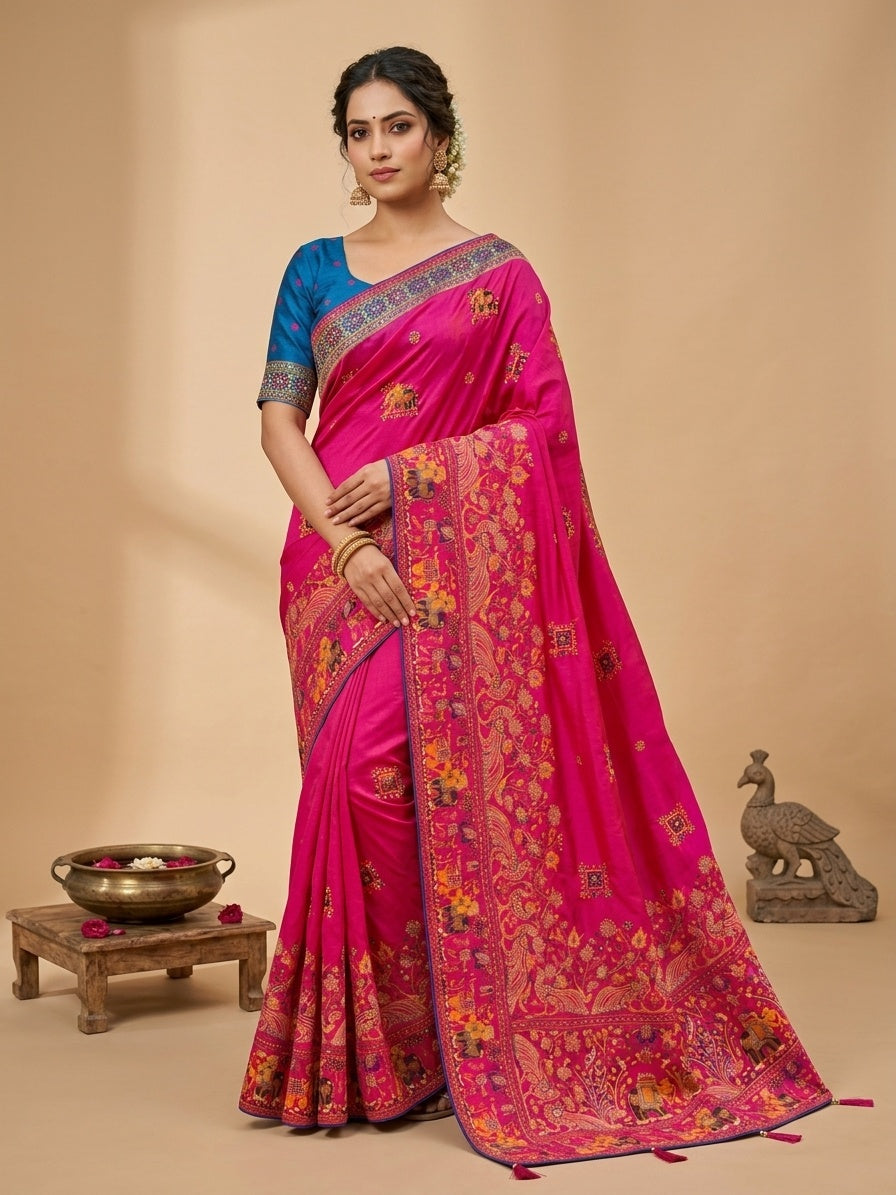 OWLSKY, SASSY & STYLO Women's Pure Rajwadi Pashmina Silk Woven Saree with Kashmiri Thread Woven Pallu | Heavy Zari Elephant Border, Running Butti, Handmade Tassels | Contrast Unstitched Blouse