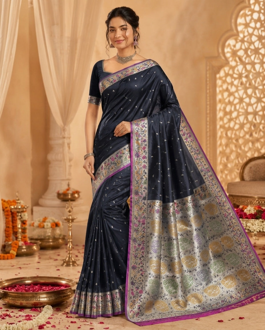 OWLSKY, SASSY & STYLO Women's Handloom Pure Banarasi Silk Saree with Jacquard Woven Floral/Paisley Butti with Rich Contrast Zari Border & Grand Rich Designer Woven Pallu