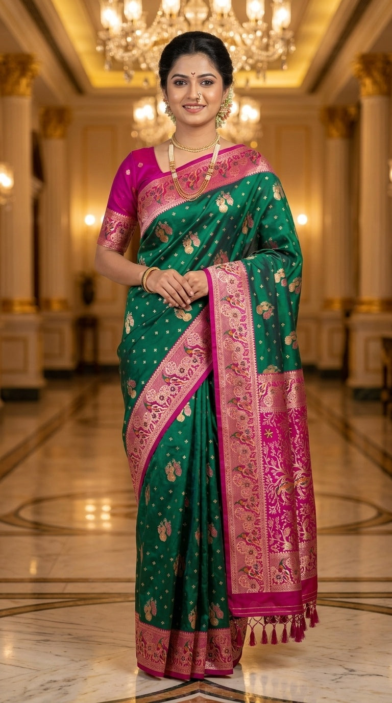 Premium Soft Paithani Silk Saree for Women with Meenakari Zari Weaving, Peacock Pallu, Rich Floral Border & Brocade Blouse