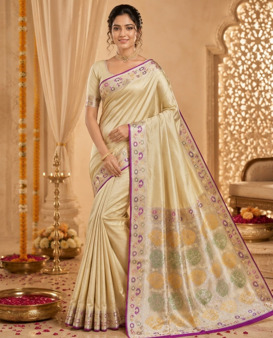 OWLSKY, SASSY & STYLO Women's Handloom Pure Banarasi Silk Saree with Jacquard Woven Floral/Paisley Butti with Rich Contrast Zari Border & Grand Rich Designer Woven Pallu
