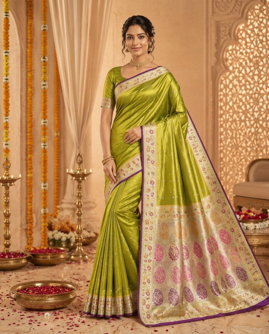 OWLSKY, SASSY & STYLO Women's Handloom Pure Banarasi Silk Saree with Jacquard Woven Floral/Paisley Butti with Rich Contrast Zari Border & Grand Rich Designer Woven Pallu