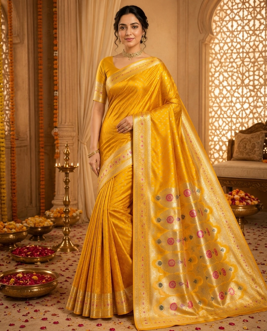 OWLSKY, SASSY & STYLO Women's Handloom Pure Banarasi Silk Saree with Jacquard Woven Floral/Paisley Butti with Rich Contrast Zari Border & Grand Rich Designer Woven Pallu