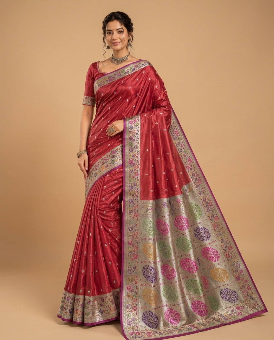OWLSKY, SASSY & STYLO Women's Handloom Pure Banarasi Silk Saree with Jacquard Woven Floral/Paisley Butti with Rich Contrast Zari Border & Grand Rich Designer Woven Pallu