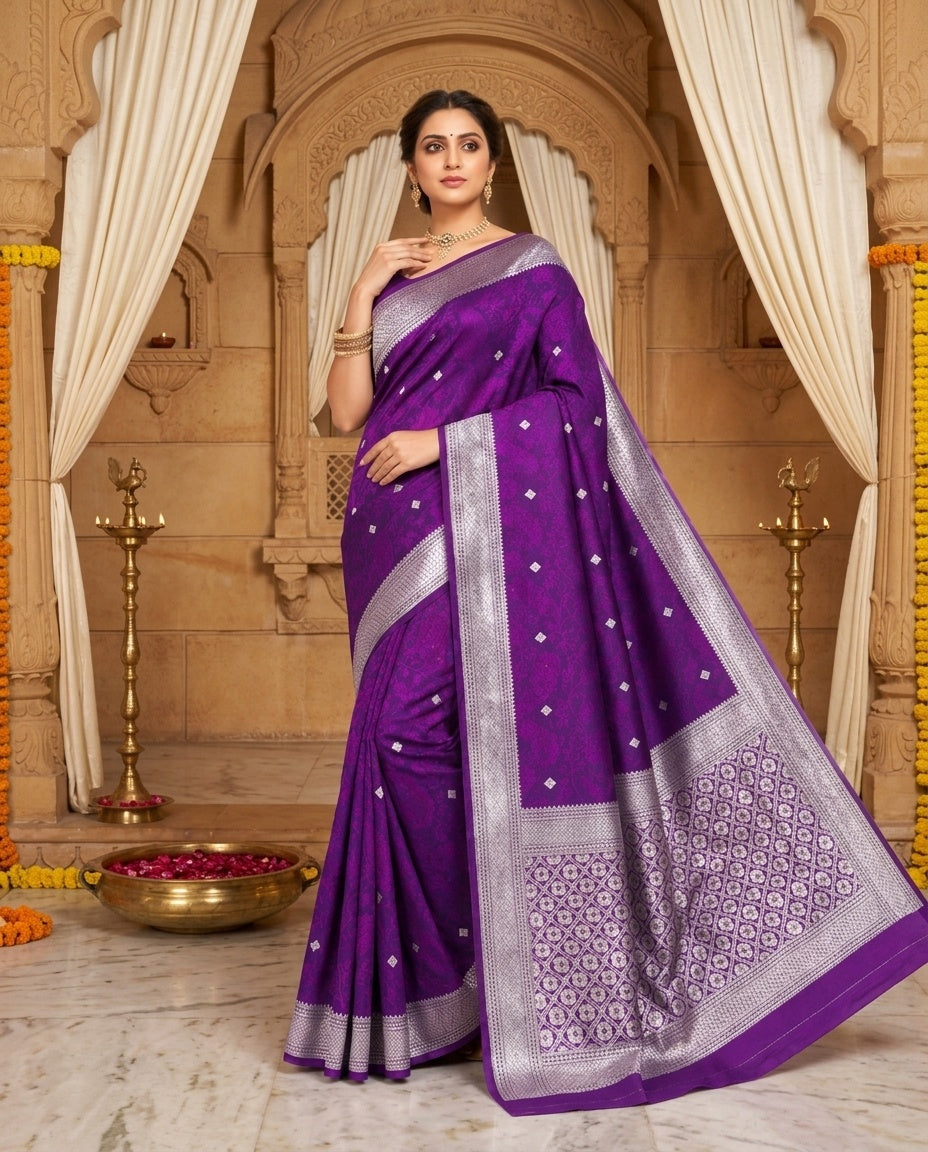 OWLSKY, SASSY & STYLO Women's Handloom Pure Banarasi Silk Saree with Jacquard Woven Floral/Paisley Butti with Rich Contrast Zari Border & Grand Rich Designer Woven Pallu
