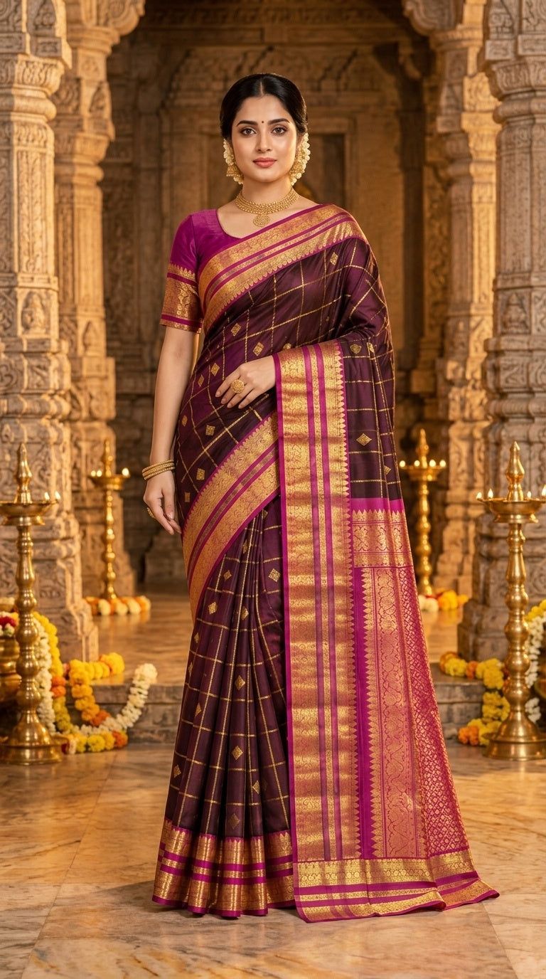 Owlsky Pure Handloom Kajiveram Traditional Silk Saree