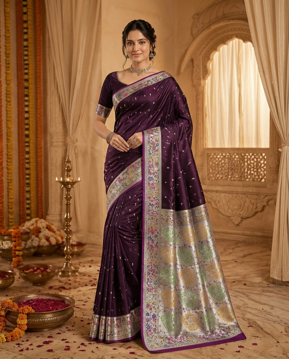 OWLSKY, SASSY & STYLO Women's Handloom Pure Banarasi Silk Saree with Jacquard Woven Floral/Paisley Butti with Rich Contrast Zari Border & Grand Rich Designer Woven Pallu