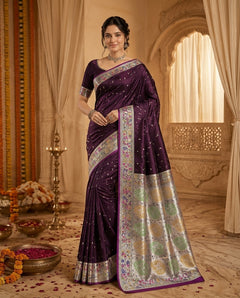 OWLSKY, SASSY & STYLO Women's Handloom Pure Banarasi Silk Saree with Jacquard Woven Floral/Paisley Butti with Rich Contrast Zari Border & Grand Rich Designer Woven Pallu