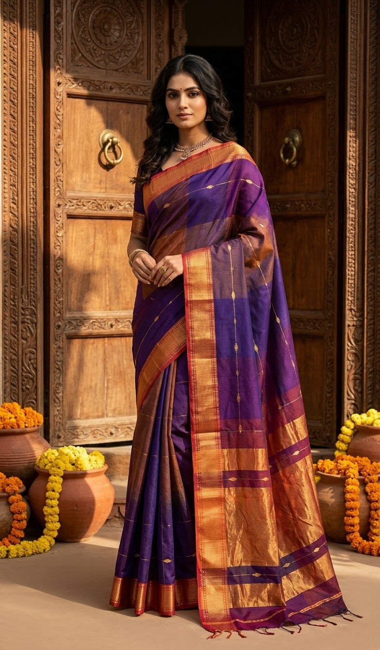 OWLSKY, SASSY & STYLO Women's Handloom Maheshwari Silk Saree with Traditional Zari Border | Premium Woven Silk Saree with Rich Pallu & Running Blouse | Designer Ethnic Saree for Wedding, Festival