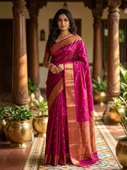 OWLSKY, SASSY & STYLO Women's Handloom Maheshwari Silk Saree with Traditional Zari Border | Premium Woven Silk Saree with Rich Pallu & Running Blouse | Designer Ethnic Saree for Wedding, Festival