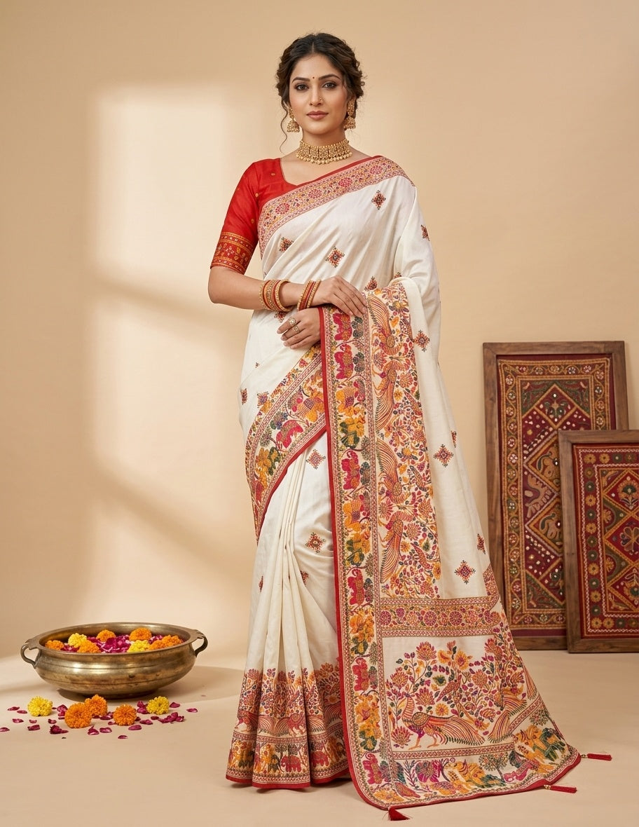 OWLSKY, SASSY & STYLO Women's Pure Rajwadi Pashmina Silk Woven Saree with Kashmiri Thread Woven Pallu | Heavy Zari Elephant Border, Running Butti, Handmade Tassels | Contrast Unstitched Blouse