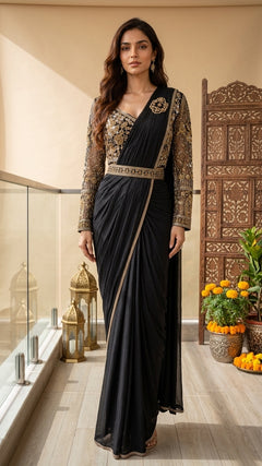 OWLSKY, SASSY & STYLO Women's Ready to Wear Imported Lycra Saree with Heavy Beads Work Designer Stitched Blouse | Pre Draped Saree | Stretch Lycra Saree