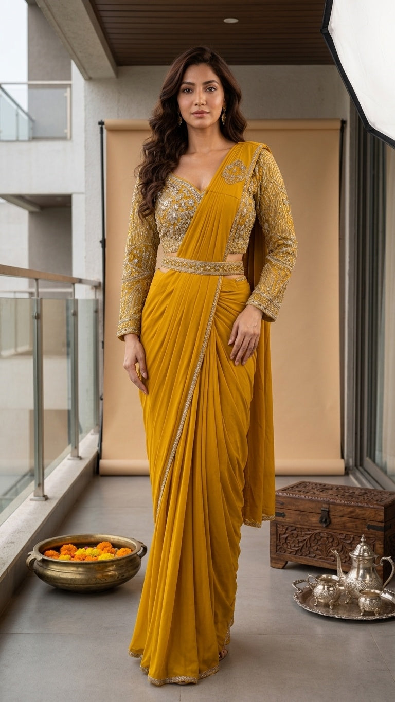 OWLSKY, SASSY & STYLO Women's Ready to Wear Imported Lycra Saree with Heavy Beads Work Designer Stitched Blouse | Pre Draped Saree | Stretch Lycra Saree