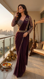 OWLSKY, SASSY & STYLO Women's Ready to Wear Imported Lycra Saree with Heavy Beads Work Designer Stitched Blouse | Pre Draped Saree | Stretch Lycra Saree
