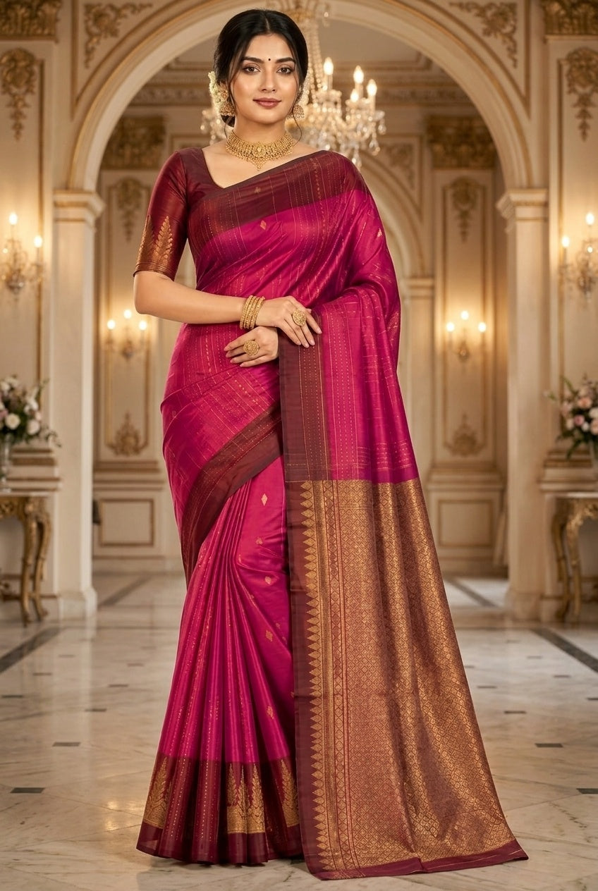 OWLSKY, SASSY & STYLO Pure Silk Kanjivaram Handloom Saree in Dark Rani Pink/Majenta with Antique Gold Zari Border & Rich Contrast Pallu | Traditional Kanchipuram Silk Saree for Women