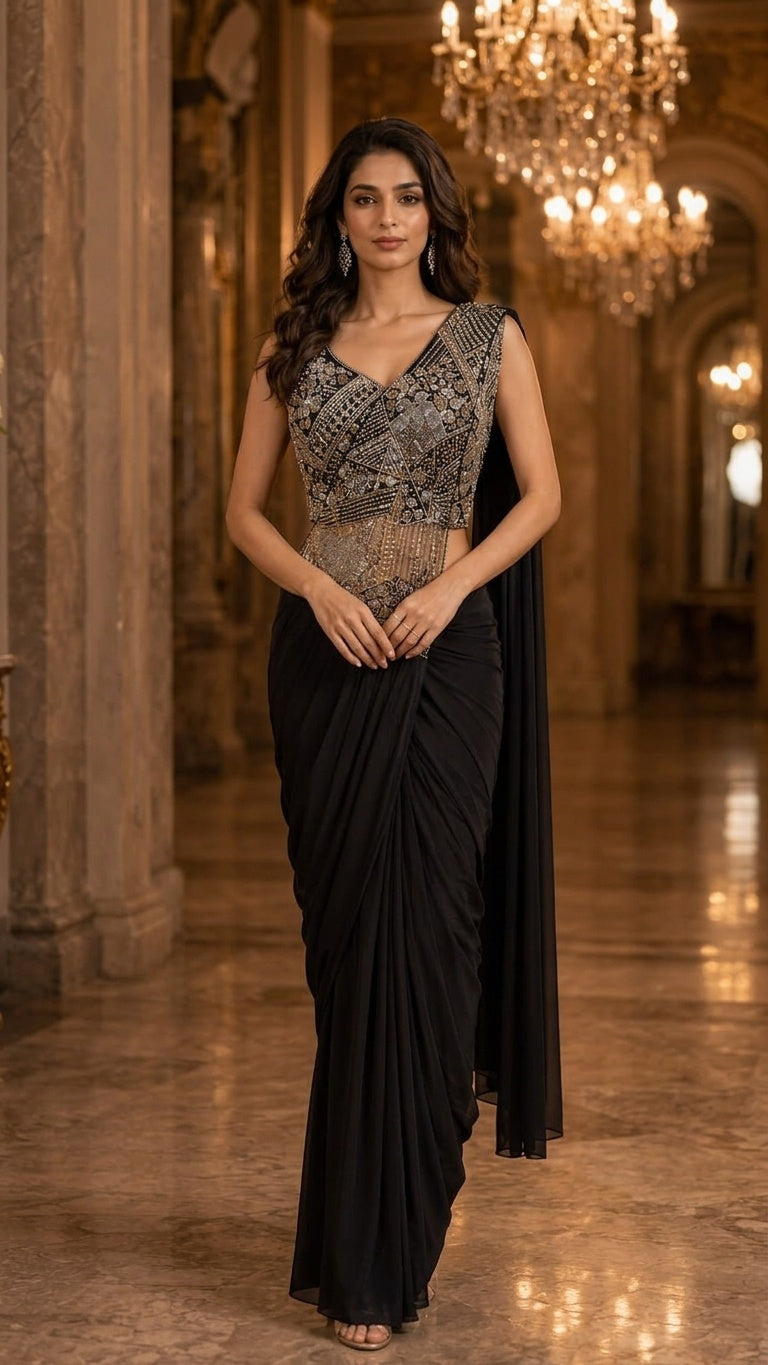 OWLSKY, SASSY & STYLO Women's Ready to Wear Imported Lycra Saree with Heavy Beads Work Blouse | Designer Pre Stitched Saree with Embellished Blouse